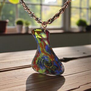 Artisan Enamel Pendant on Copper, Vintage Asymmetrical
